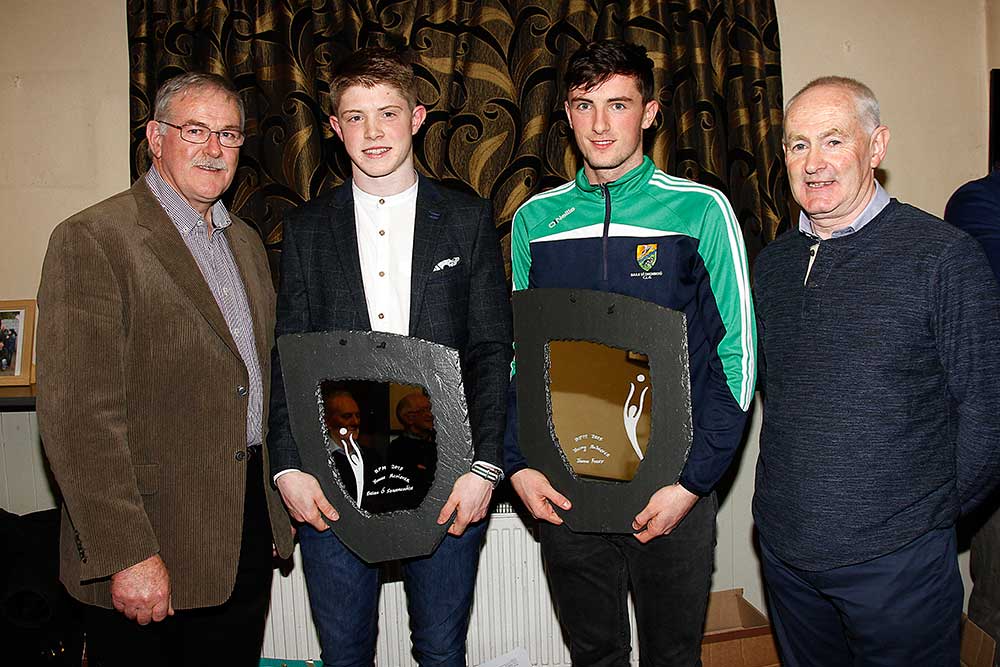 Brían Ó’Seanacháin and Micheál Foley (on behalf of his brother Jason) accepting the “Young Achievers” awards. Front: Ger Moran, Brían Ó’Seanacháin, Micheál Foley, David Kissane.